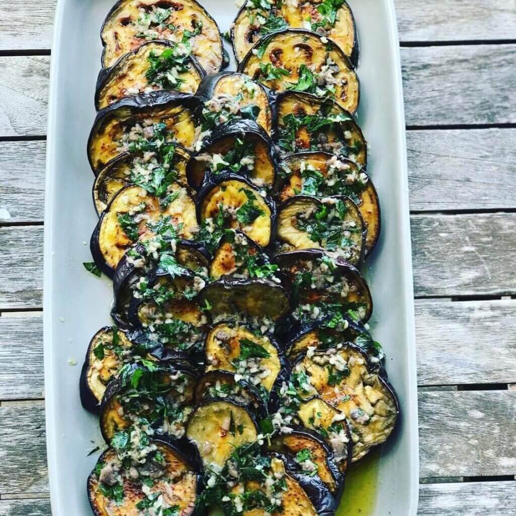 Roasted aubergine with anchovies and oregano Joanna Rushton